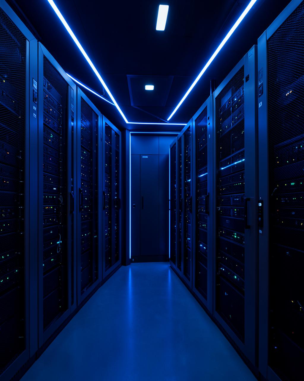 Sala de servidores moderna com iluminação azul