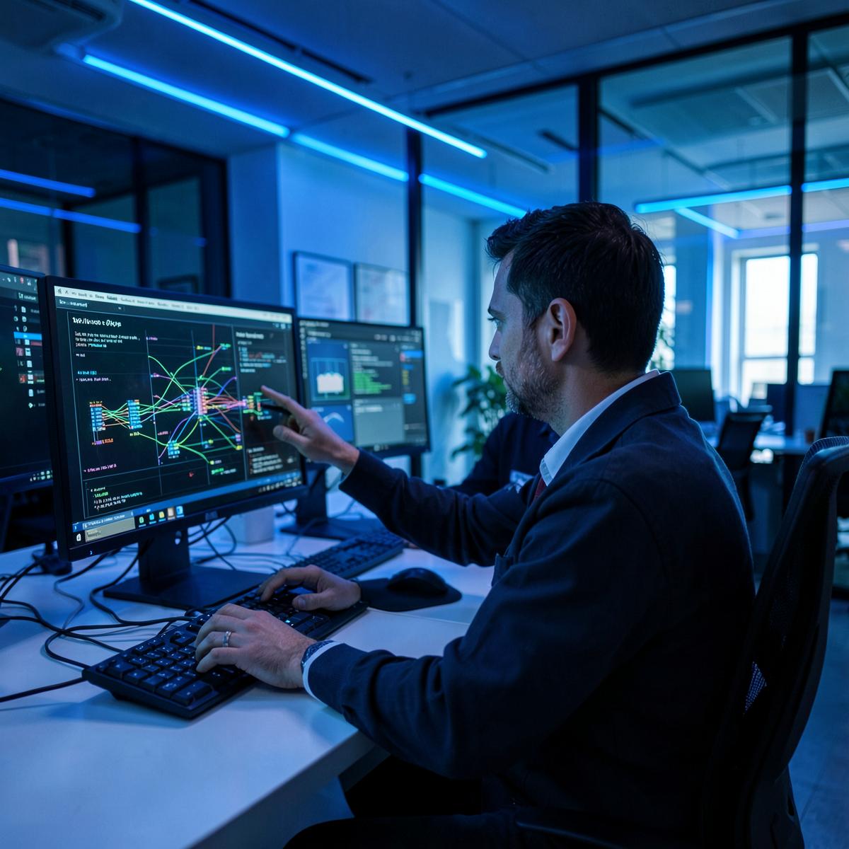 Engenheiro de redes trabalhando em ambiente corporativo moderno